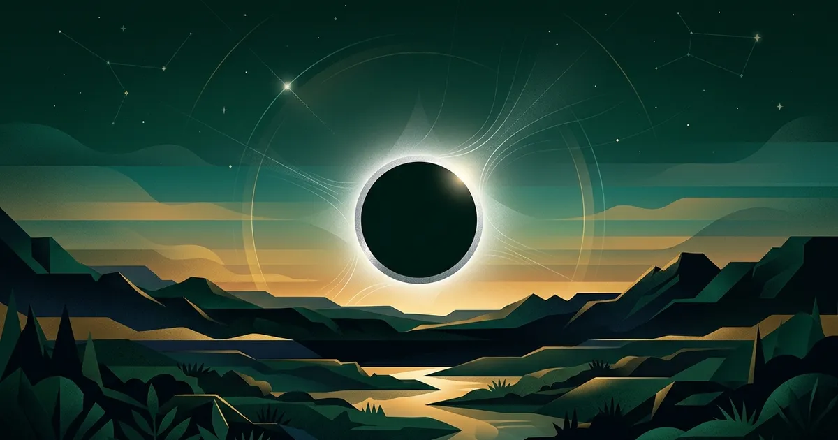Total solar eclipse with the sun's corona glowing around a black moon disc above a low horizon