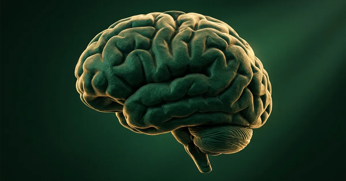 Illustration of a human brain rendered in deep green and gold, its regions picked out in light
